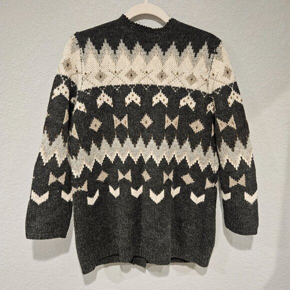 J. Jill Woman Size M Chunky Fair Isle Wool Blend Cardigan Pockets Bead Embellish - Picture 2 of 8